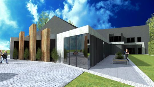 Wizualizacja zmodernizowanego Samorządowego Ośrodka Kultury w Komprachcicach i nowego Skweru z Klimatem w Polskiej Nowej Wsi.