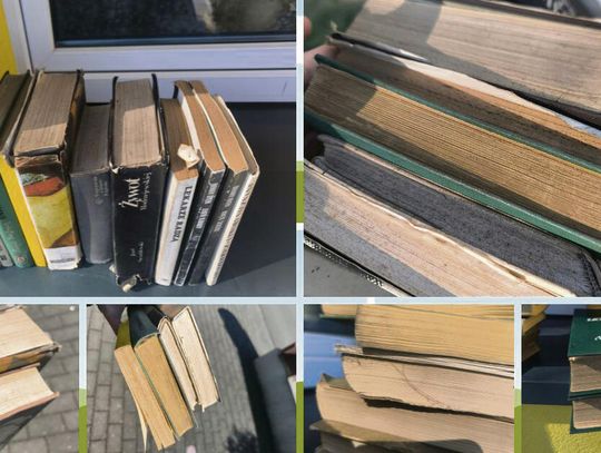 Zniszczone książki pozostawione na półce bookcrossingowej przed biblioteką w Chrząstowicach