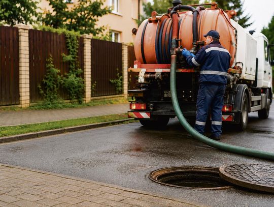 Pracownicy pogotowia kanalizacyjnego usuwający zator w sieci sanitarnej na terenie gminy Niemodlin.