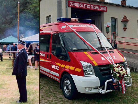 Uroczystość 70‑lecia OSP Chobie — strażacy, nowy samochód Ford Transit, odznaczenia i polowa msza święta przed kaplicą.