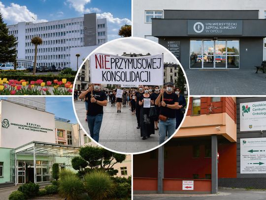 Niemy protest pracowników opolskich szpitali na Placu Wolności w Opolu przeciw konsolidacji placówek