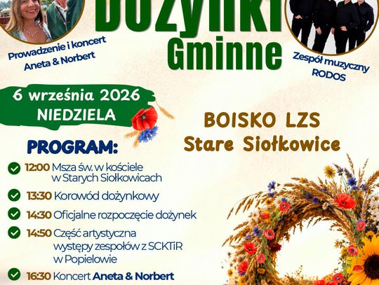 Dożynki gminne w Starych Siołkowicach — korowód, dekoracje dożynkowe i mieszkańcy na boisku LZS.