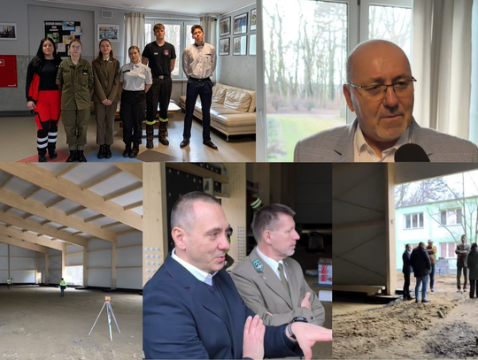 Uczniowie i dyrektorzy szkół powiatu opolskiego podczas wizyty na placu budowy nowej hali sportowej w Prószkowie