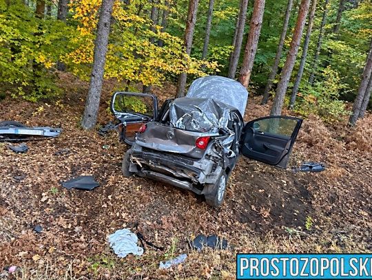 Miejsce tragicznego wypadku drogowego w Zagwiździu w gminie Murów, do którego doszło 24 października 2026 roku. Volkswagen Golf uderzył w drzewo.