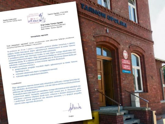 Uszkodzony słup ogłoszeniowy przy ul. Dworcowej w Tarnowie Opolskim