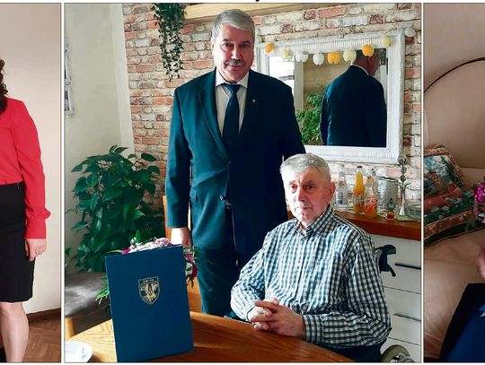 Wójt Chrząstowic Florian Ciecior składa życzenia 90‑letniemu jubilatowi podczas wizyty domowej