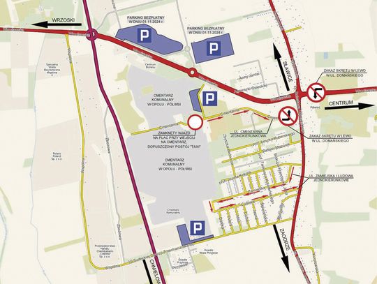 Cmentarz na Półwsi w Opolu przed uroczystością Wszystkich Świętych. Od 30 października do 2 listopada w okolicy nekropolii obowiązuje tymczasowa organizacja ruchu, obejmująca ulice jednokierunkowe, zakazy zatrzymywania i zamknięty lewoskręt.