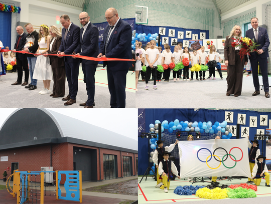 Na zdjęciu Uczniowie i samorządowcy podczas otwarcia nowej sali sportowej w Ligocie Prószkowskiej