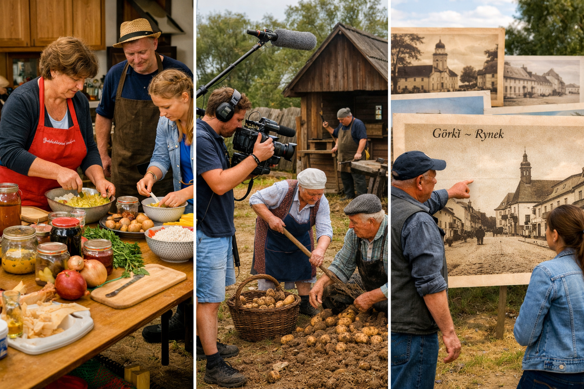 Symboliczna grafika przedstawiająca projekty kulturalne i historyczne realizowane w ramach programu Opolskie Kuźnie Pamięci