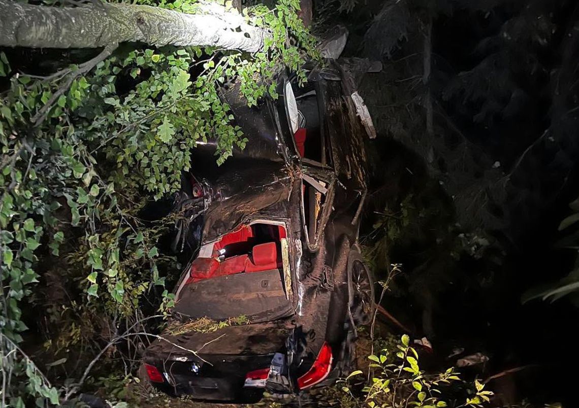 Auto zawisło na drzewie! Groźny wypadek na DK46