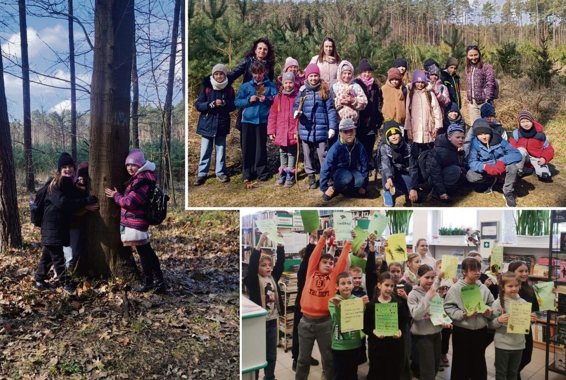 Dzieci z Tarnowa Opolskiego podczas warsztatów lasoterapii w bibliotece, słuchające opowieści o naturze