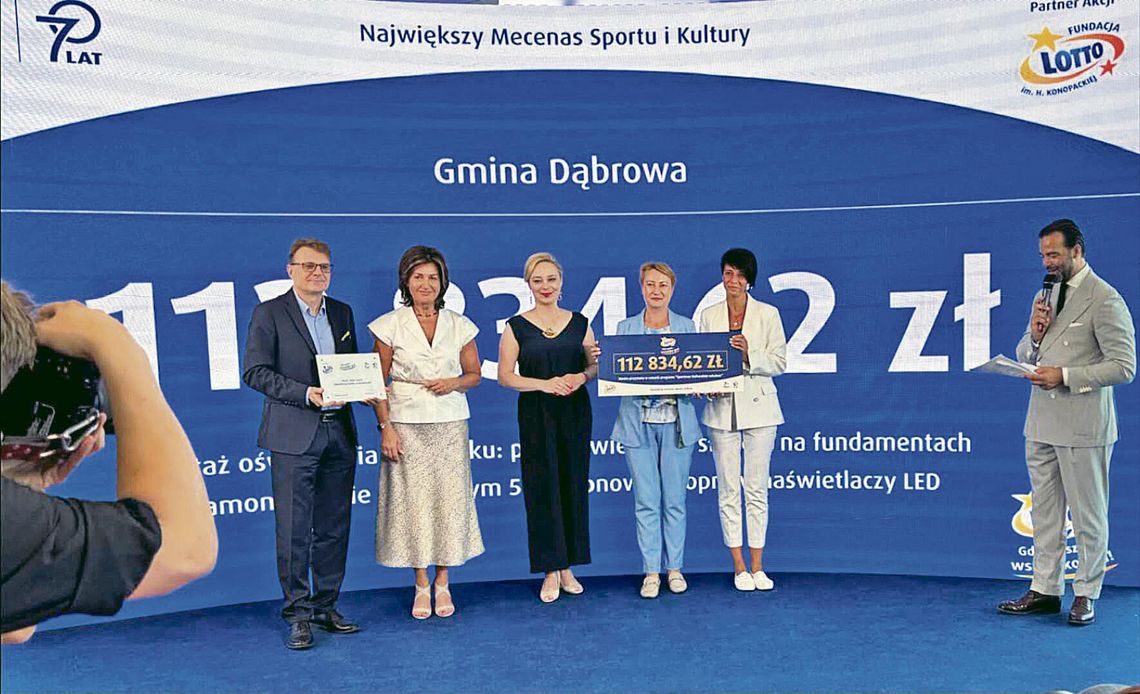 Gmina Dąbrowa nagrodzona w Warszawie! Ponad 112 tys. zł na nowoczesne oświetlenie boiska w Mechnicach Przedstawicielki gminy Dąbrowa odbierają nagrodę LOTTO na Torze Służewiec w Warszawie