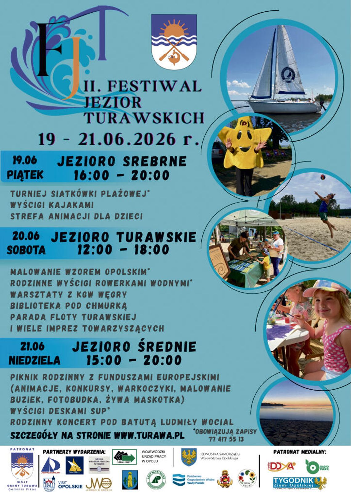 Widok na Jeziora Turawskie podczas letniego festiwalu z atrakcjami sportowymi i muzycznymi.