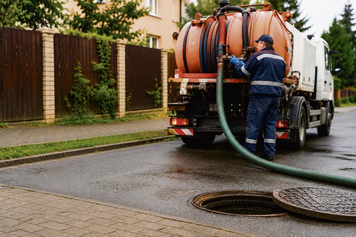Pracownicy pogotowia kanalizacyjnego usuwający zator w sieci sanitarnej na terenie gminy Niemodlin.