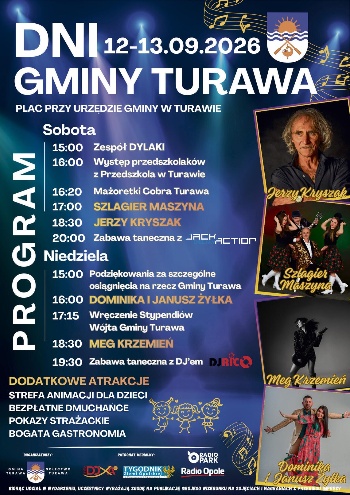 Muzyka, atrakcje i… samochód na weekend! Turawa zaprasza na pierwsze Dni Gminy 12–13 września Scena plenerowa podczas Dni Gminy Turawa — koncerty, animacje i tłumy mieszkańców na placu przy Urzędzie Gminy.