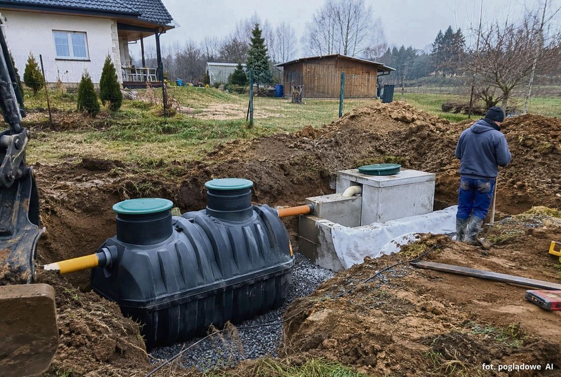 Nie dla każdego przydomowa oczyszczalnia ścieków Przydomowa oczyszczalnia ścieków na terenach wiejskich — zbiornik, drenaż i instalacja na działce mieszkańca.