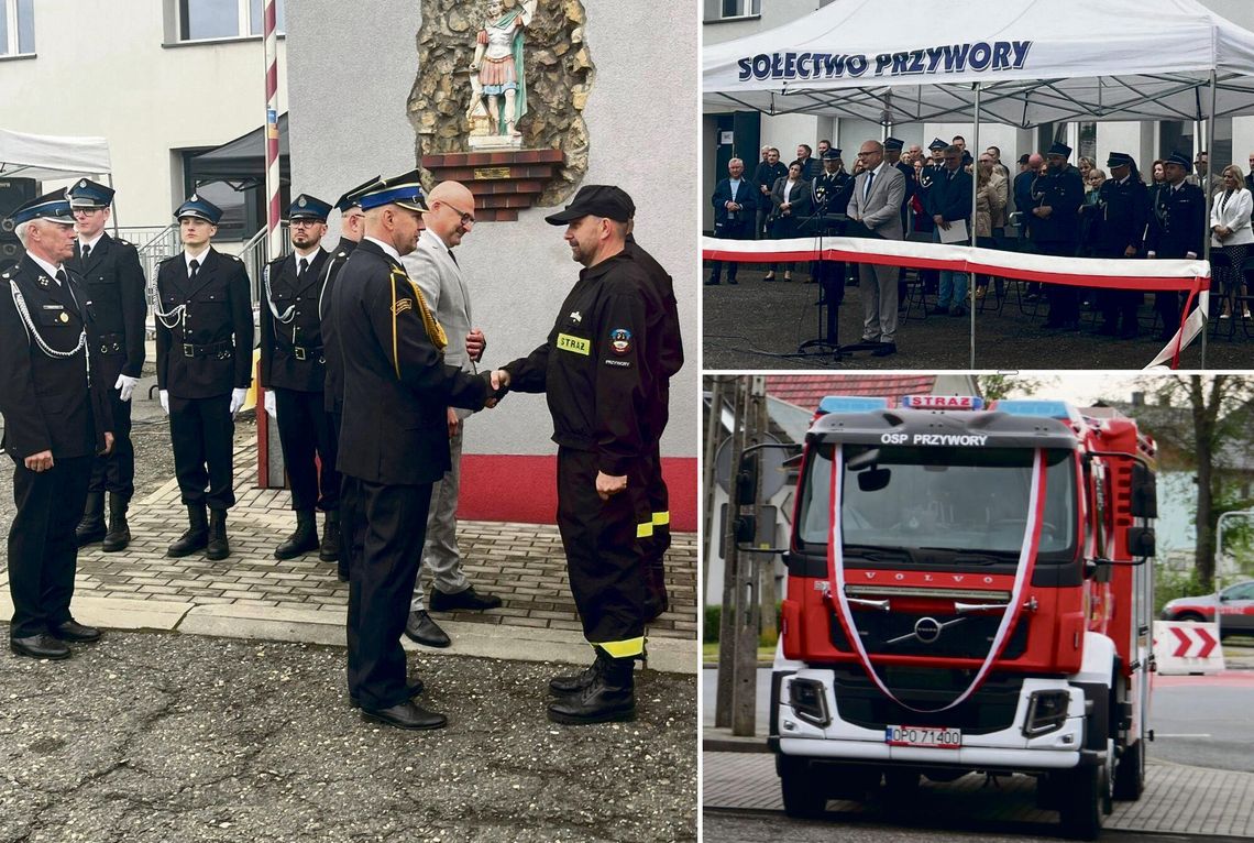 Poświęcenie i przekazanie nowego średniego samochodu ratowniczo‑gaśniczego przed remizą OSP Przywory z udziałem strażaków i władz gminy