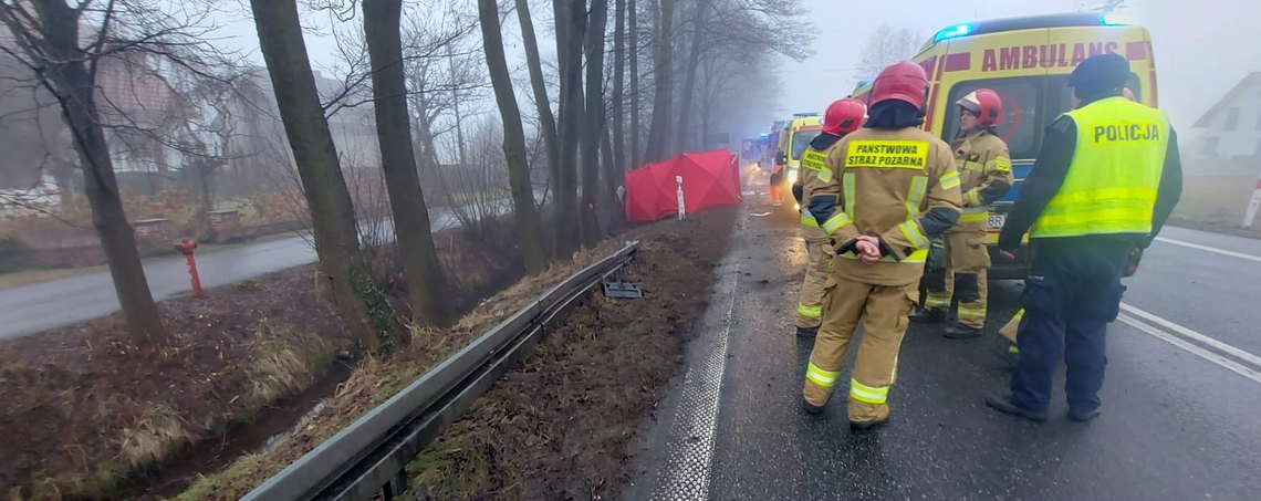 Śmiertelny wypadek w Grodźcu. Fiat uderzył w drzewo – nie żyje pasażer