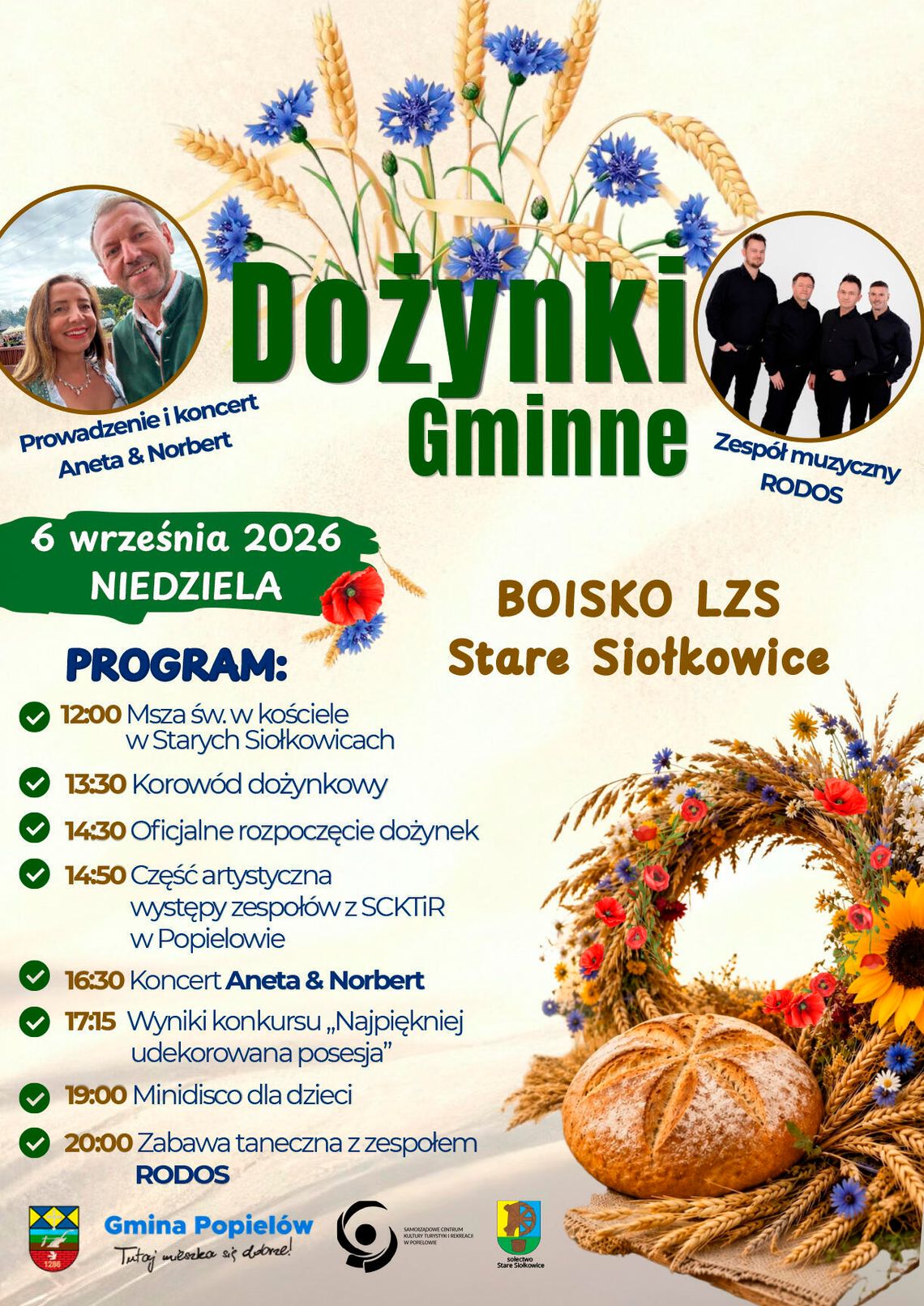 Stare Siołkowice gospodarzem dożynek gminy Popielów! Korowód, konkursy, warsztaty i goście z trzech krajów Dożynki gminne w Starych Siołkowicach — korowód, dekoracje dożynkowe i mieszkańcy na boisku LZS.