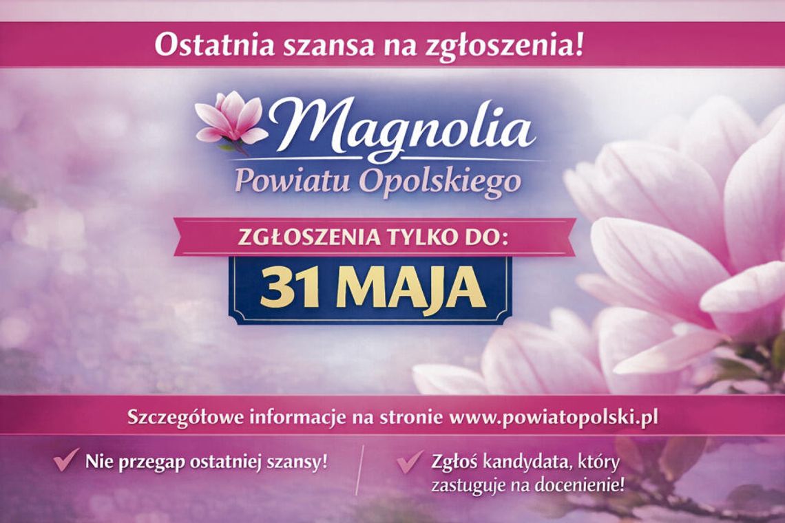 Starosta Opolski wydłuża termin zgłoszeń do Nagrody „Magnolia Powiatu Opolskiego”. Ostateczny termin: 31 maja Symboliczna statuetka Nagrody Magnolia Powiatu Opolskiego na tle materiałów konkursowych