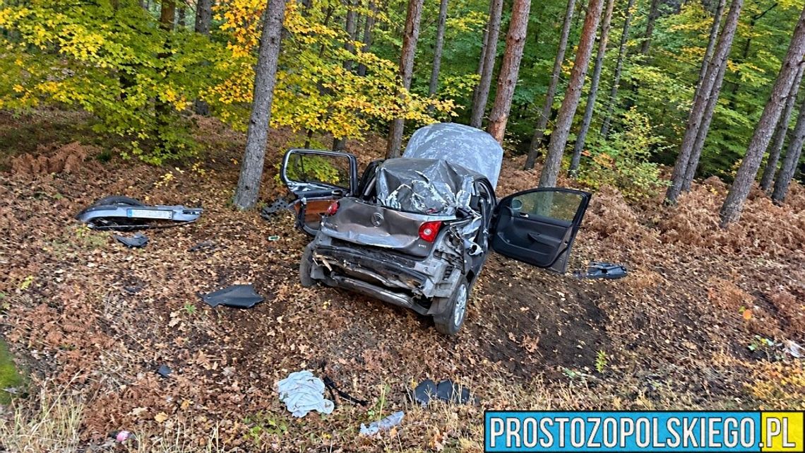 Miejsce tragicznego wypadku drogowego w Zagwiździu w gminie Murów, do którego doszło 24 października 2026 roku. Volkswagen Golf uderzył w drzewo.