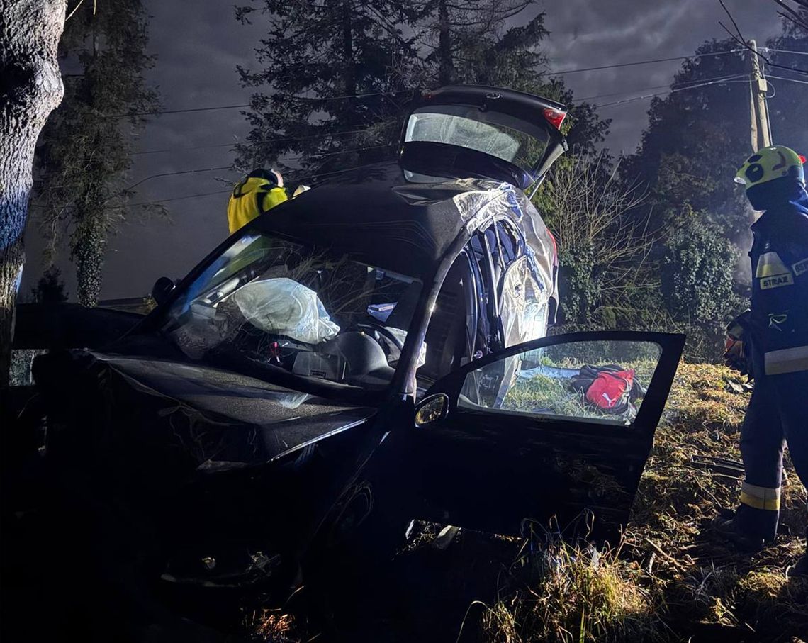 Volkswagen rozbił się na drzewie i zawisł na barierze Volkswagen rozbił się na drzewie i zawisł na barierze