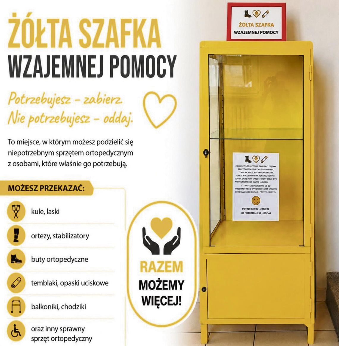 W Niemodlinie ruszyła Żółta Szafka Pomocy. Sprzęt ortopedyczny za darmo dla każdego! Żółta Szafka Wzajemnej Pomocy w SZOZ Niemodlin z bezpłatnym sprzętem ortopedycznym dla mieszkańców