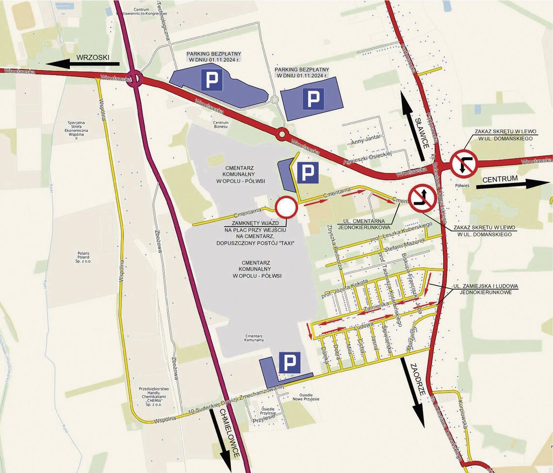 Cmentarz na Półwsi w Opolu przed uroczystością Wszystkich Świętych. Od 30 października do 2 listopada w okolicy nekropolii obowiązuje tymczasowa organizacja ruchu, obejmująca ulice jednokierunkowe, zakazy zatrzymywania i zamknięty lewoskręt.