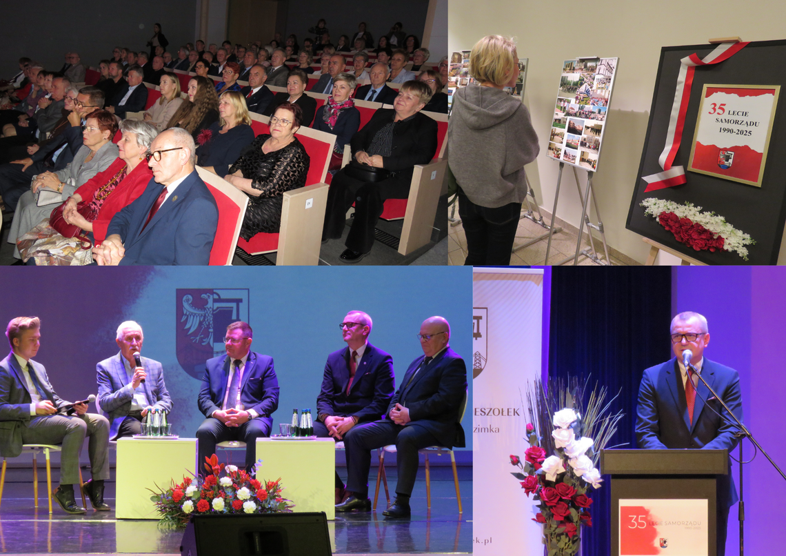 nA ZDJĘCIU Uczestnicy gali 35-lecia samorządu w Ozimku podczas uroczystości w Domu Kultury, przemówienia burmistrzów i radnych