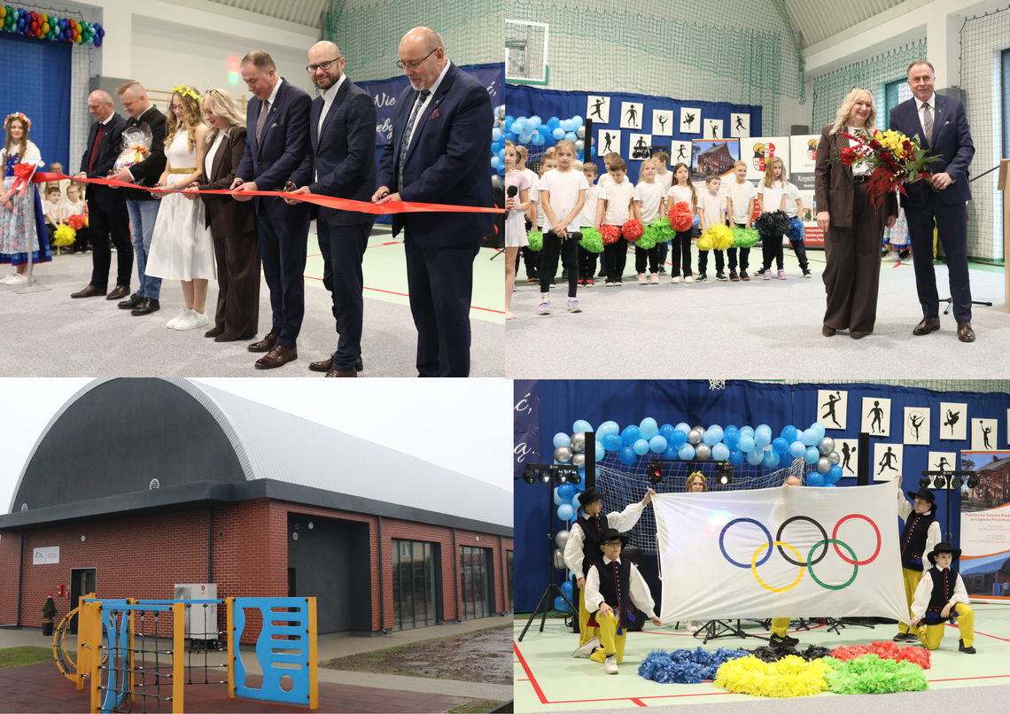 Na zdjęciu Uczniowie i samorządowcy podczas otwarcia nowej sali sportowej w Ligocie Prószkowskiej