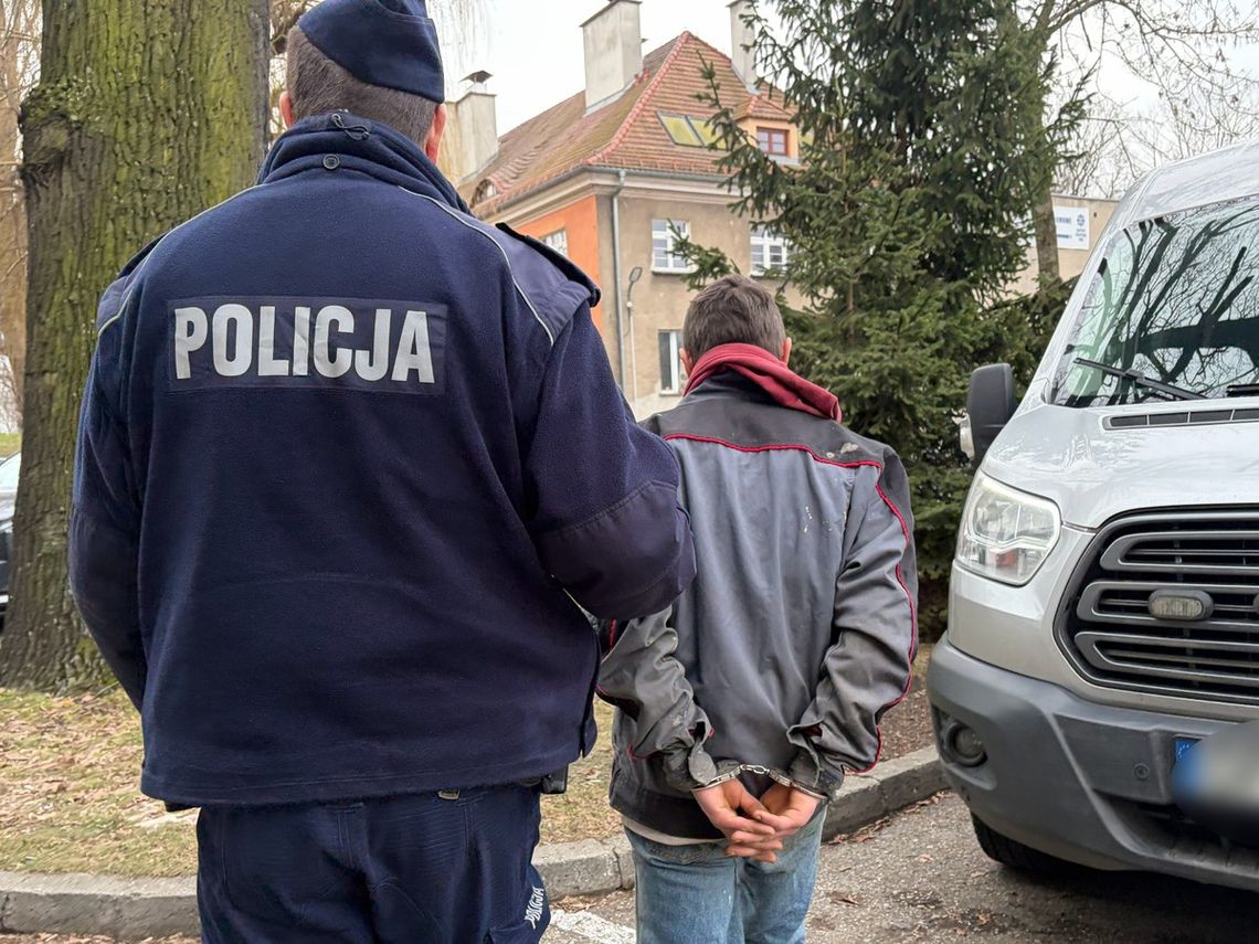 Policjanci prezentują zabezpieczone narkotyki i dowód osobisty po zatrzymaniu 32-latka z Tułowic.